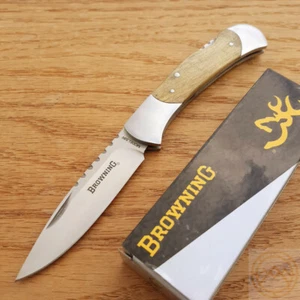 Browning Lockback Folding Knife 3" Stainless Steel Blade Brown Burl Wood Handle - Picture 1 of 12