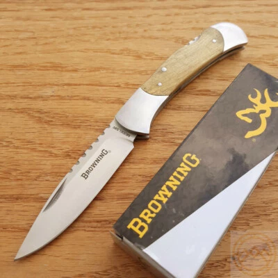 Browning Lockback Folding Knife 3" Stainless Steel Blade Brown Burl Wood Handle - Image 1 of 4