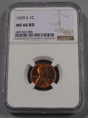 BU RED GEM 1939-S Lincoln Wheat Penny NGC MS66RD.  #11 - Image 1 of 4