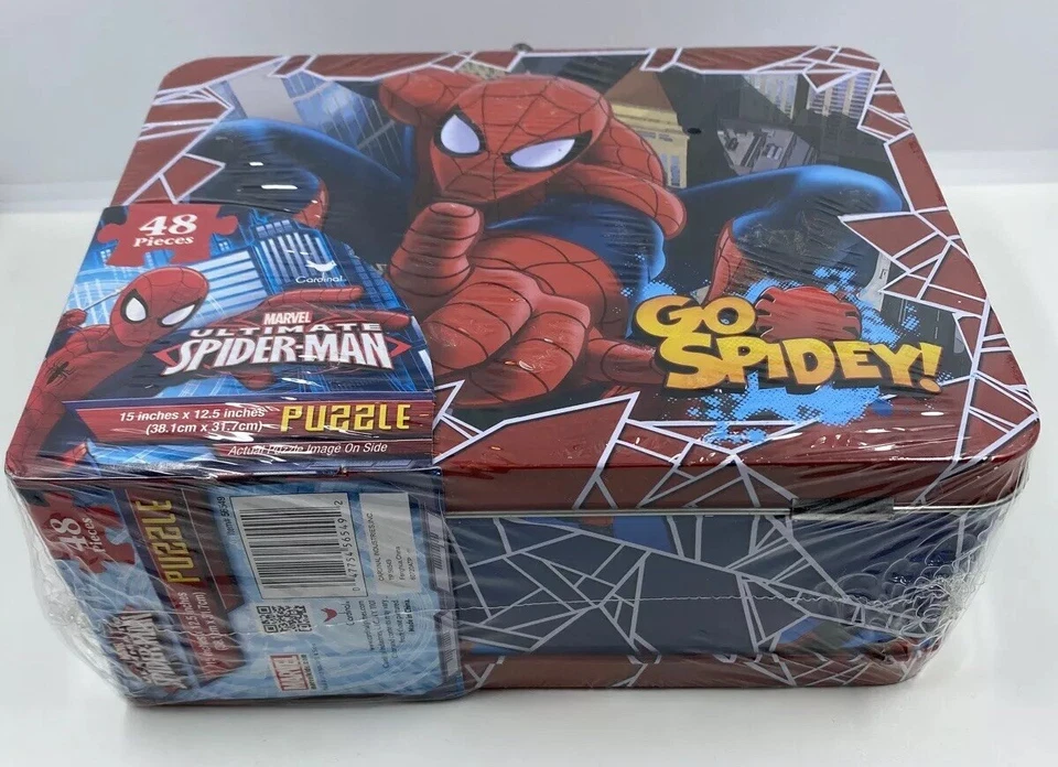 MARVEL ULTIMATE SPIDERMAN JIGSAW PUZZLE GAME GO SPIDEY EMBOSSED METAL BOX 48PCS - Image 1 of 4
