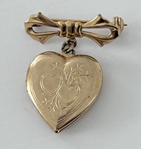 Dangle 2 Heart Bow Locket Brooch Pin Gold Tone - Bild 1 von 4