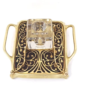 Erhard & Sohne Jugendstil Brass Wood Inlay Inkwell w/ Fountain Pen Holder Rare - Picture 1 of 22