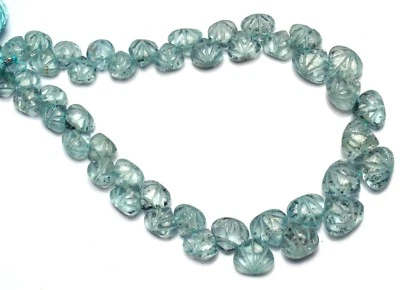 Natural Gem Aquamarine 8 to 12MM Heart Shape Carving Beads Strand 11" - Image 1 of 4