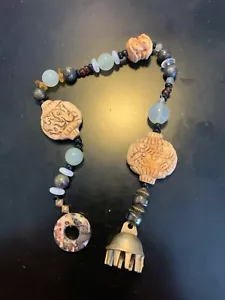 Vtg Door Amulet Charm w Beads, Bell & Carved Resin w Turtles / Rabbits + Stone - Picture 1 of 9