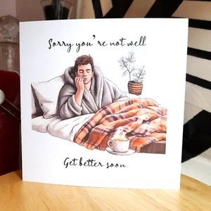 Sorry you're not well Get better soon Man ill in bed Blank 14.4cm squ Inc Env. - Picture 1 of 2