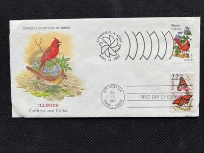 Wildlife Illinois FDC Dual Postmark Cardinal (1982) Monarch Butterfly (1987) - Image 1 of 2