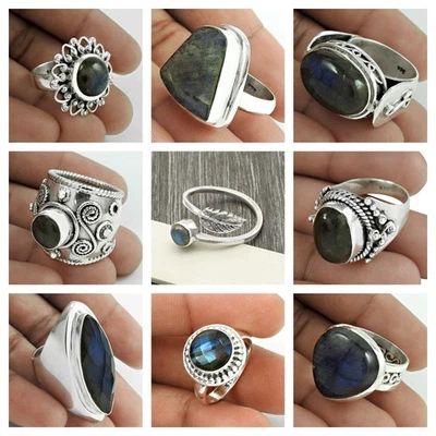Naturale Pietra Labradorite 925 Argento Statements Anelli Misura 8 Halloween - Immagine 1 di 4