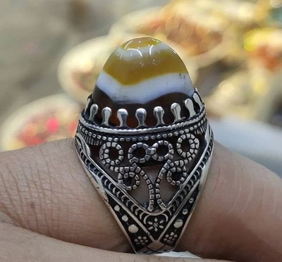 Anillo de plata de ley 925 Solimani Aqeeq blanco y amarillo ágata عقيق سليماني Foto 1 de 4