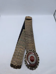 Ladies Boho Style Ornate Metal Stretch Belt With Large Enamel Rhinestone Buckle - Picture 1 of 11