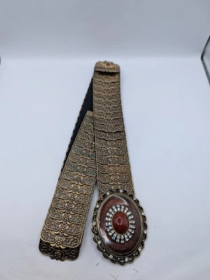 Ladies Boho Style Ornate Metal Stretch Belt With Large Enamel Rhinestone Buckle - Image 1 of 4