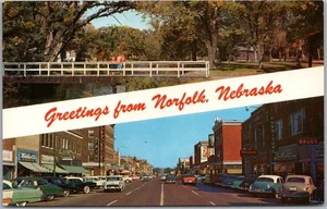 1950s NORFOLK, Nebraska Greetings Postcard Main Street / Downtown Scene / Unused - Picture 1 of 2