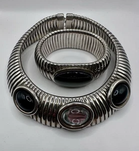 Vintage ST Grobe Kette Schwarz, Klarglas Cabochon Halskette, Armband Set, K1 - Bild 1 von 11