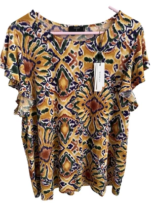 Blusa Camisa Top Tejida Tahari Floral Elegante Mostaza Amarillo Azul Verde Talla Grande 1X Foto 1 de 4