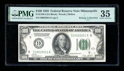 DBR 1928 $100 Minneapolis Numeral Fr. 2150-I PMG 35 Serial I00028911A - Image 1 of 2