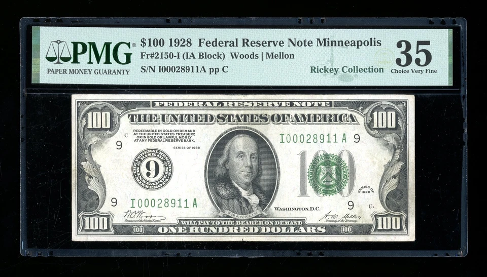 DBR 1928 $100 Minneapolis Numeral Fr. 2150-I PMG 35 Serial I00028911A - Image 1 of 2