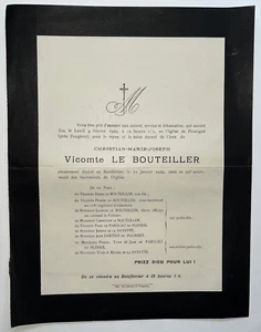 VICOMTE LE BOUTEILLER Parscau Plessix FAIRE PART Dartige Fournet SAYETTE 1929 - Picture 1 of 1
