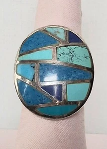 925 STERLING SILVER TURQUOISE AND LAPIS LAZULI INLAID RING SIZE 6.25 - Picture 1 of 11