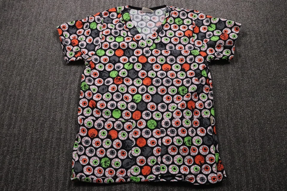 90s Vintage Halloween Women's XS Scrub Top Eyeballs Horror Holidays Black - Image 1 of 4