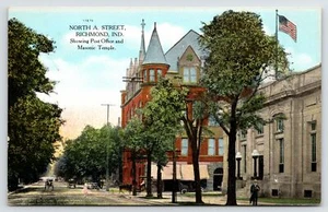 Richmond IN Closeup of Flag Over Post Office~Masonic Templs w/Corner Turret 1910 - Picture 1 of 2