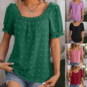 Chiffon Top Fur Ball Square Collar Shirt Short-Sleeved Shirt Solid Color - Picture 1 of 23