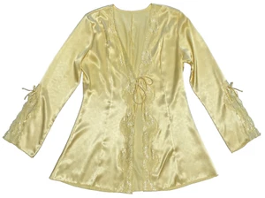 Shirley Of Hollywood Yellow Satin Lace Lingerie Robe Cardigan Kimono Small Med - Picture 1 of 9
