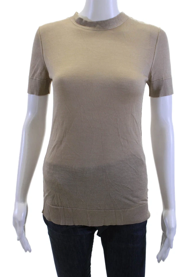 Lanvin 女式丝绸圆领 T 恤米色短袖领带 XS 码 — 第 1/4 张图片