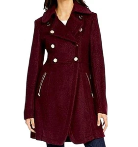 Guess Double Breasted Peacoat Women L Burgundy Pleated Envelope Collar Polyester - Picture 1 of 16
