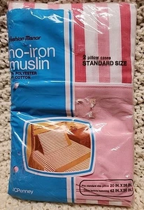 JC Penney Fashion Manor Pillow Cases STD Pink White Stripe Muslin Vintage MCM - Afbeelding 1 van 5