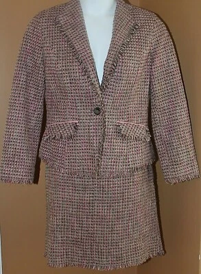 Sigrid Olsen Pink Green Suit Tweed Skirt Suit Fringe Trim Skirt Blazer 12 Foto 1 de 4