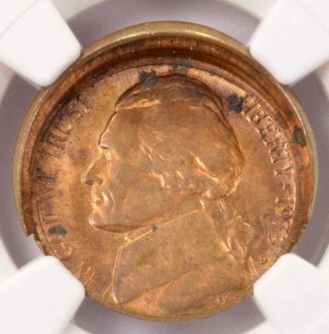 1973-D 5c Jefferson Nickel Obverse Die Cap on 1c Planchet NGC MS63 RB Cover