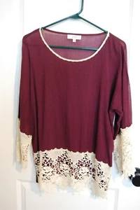 Umgee Purple Maroon Ivory Lace Blouse Size M Pullover Shirt Tunic Long Sleeve - Picture 1 of 4