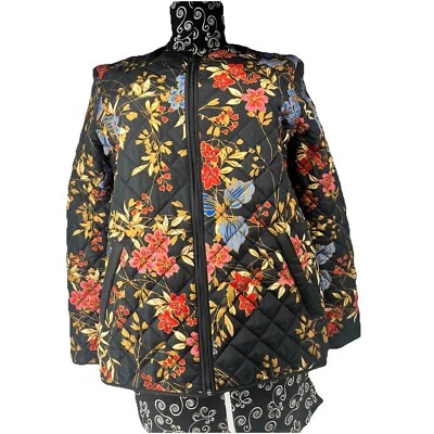 Ruby Rd Floral Quilted Jacket Lightweight Full Zip Coat Black Size 14 - Image 1 of 4