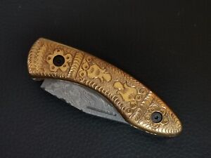 CUSTOM HAND MADE DAMASCUS STEEL POCKET FOLDING KNIFE BRASS HANDLE W/SHEATH 1436