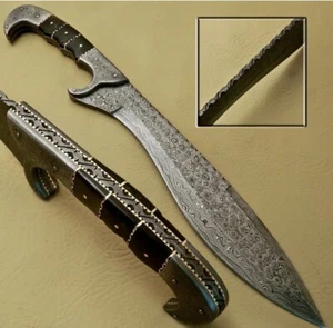12” Damascus Steel Bowie Knife Full Tang With Leather Sheath - Picture 1 of 3