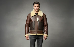 Men's Real Shearling Fur Bomber Jacket | Genuine Sheepskin Leather Winter Coat - Picture 1 of 11