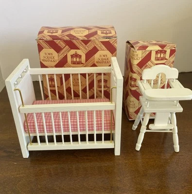 Town Square Miniatures Dollhouse Crib and High Chair White in original boxes - Image 1 of 4