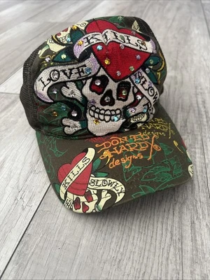 Ed Hardy Trucker Hat Rhinestone Love Kills Slowly Snapback Christian Audigier - Image 1 of 4