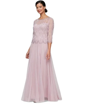 Alex Evenings Petite Beaded 3/4-Sleeve Chiffon Gown - Wisteria - 14P - Image 1 of 3
