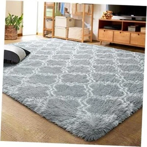 Luxury Shag Area Rug Geometric Plush Fluffy Rugs, 8x10 Feet Light Grey/White - Picture 1 of 6