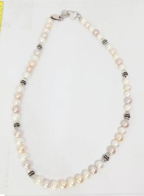 Vintage .925 Sterling Silver Natural Cream White Pink Edison Pearl & AB Necklace - Image 1 of 4