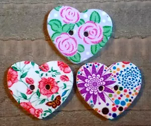 3 Floral Heart Sewing Buttons Crafting Wood 2 Hole 1" - Picture 1 of 2