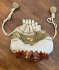 Vintage Cream Crocheted Gold Chain & Coin Draw String Bag Lucite Btm Gold Cords
