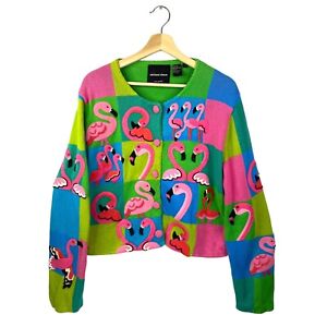VTG 1999 Michael Simon Pink Flamingo Cardigan Sweater 90s Y2K Colorful Pop Art L