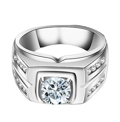 Solide 585er Weißgold 2,25Kt Runden Form Solitär D/VVS1 Hochzeit Herren Ring - Bild 1 von 3