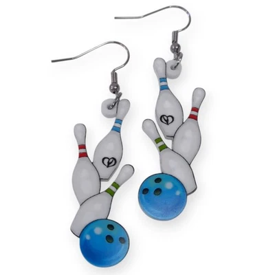 Pendientes de bola de boliche azul y alfileres de acrílico colgantes 300 Strike Alley campeón regalo Foto 1 de 2