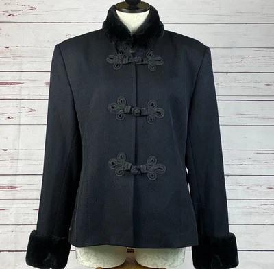 Jaqueta feminina J. Peterman tamanho 16 lã preta com fecho de nó de sapo asiático em excelente estado usado - Imagem 1 de 4
