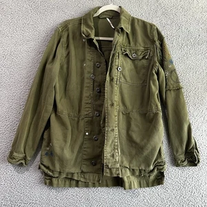 Free People Jacket Womens XS Green Utility Army Boho Hippie Peace Floral - Picture 1 of 12