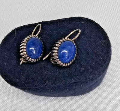 Винтажные серьги ручной работы из стерлингового серебра 925 пробы с овальным лазуритом - Изображение 1 из 4