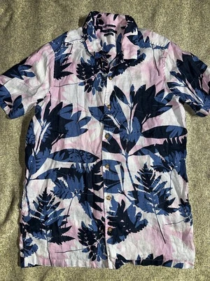 0056 Perry Ellis Men’s 100% Linen Floral Shirt XLT Pink Blue Tropical Button Up - Image 1 of 4