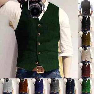 Mens Tweed Waistcoats Hunting Wool Vests Herringbone Vintage Retro Wedding Lined - Picture 1 of 36